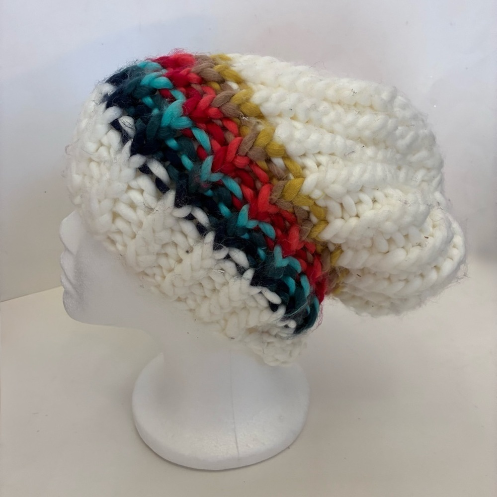 Free People Ivory Over The Rainbow Stripe Chunky Fuzzy Slouch Beanie O/S
